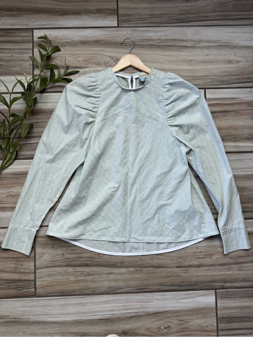 Tish Cox Striped Cotton Blouse XS Puff Sleeve Sage Green Cottagecore